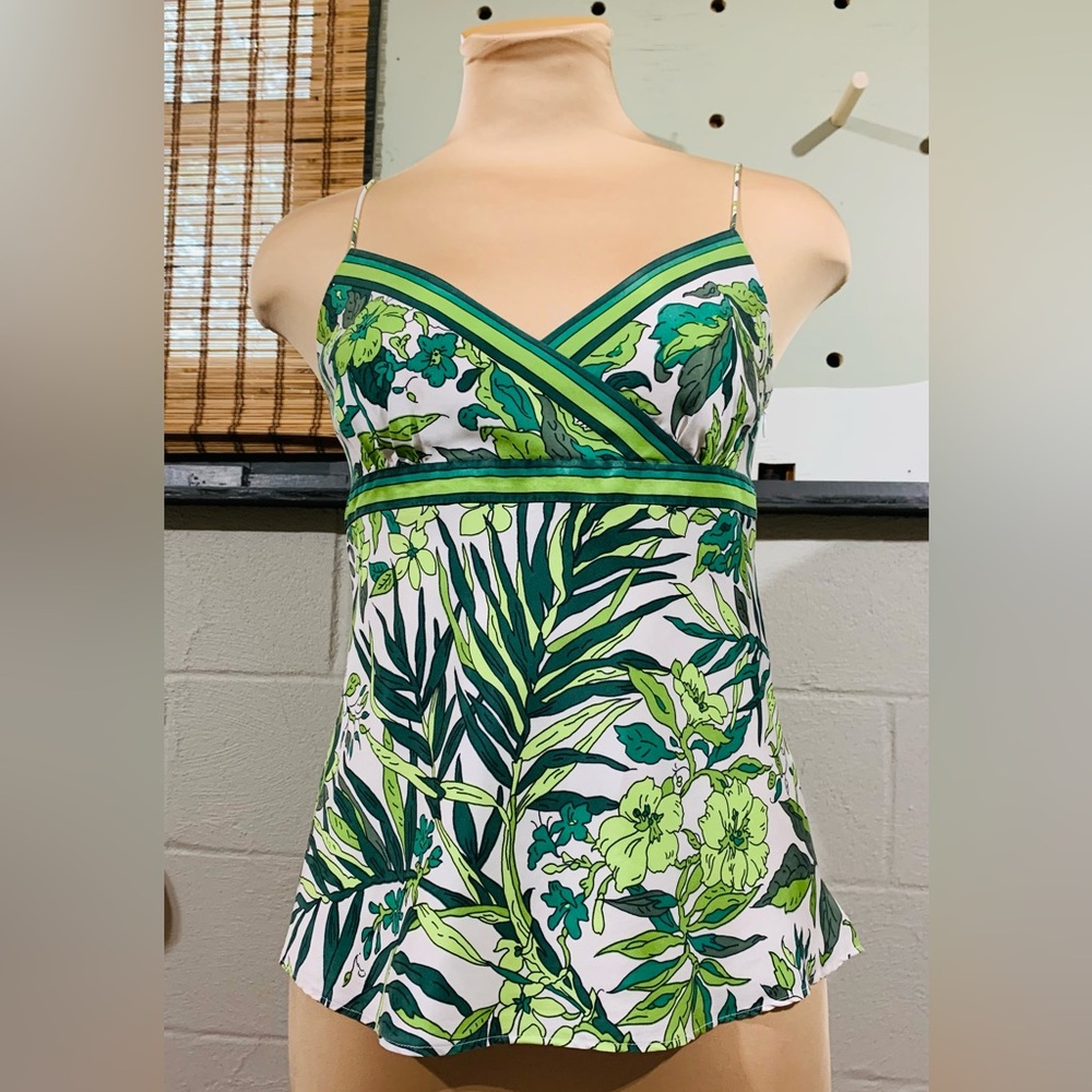 J. Crew Green and White Silk Top